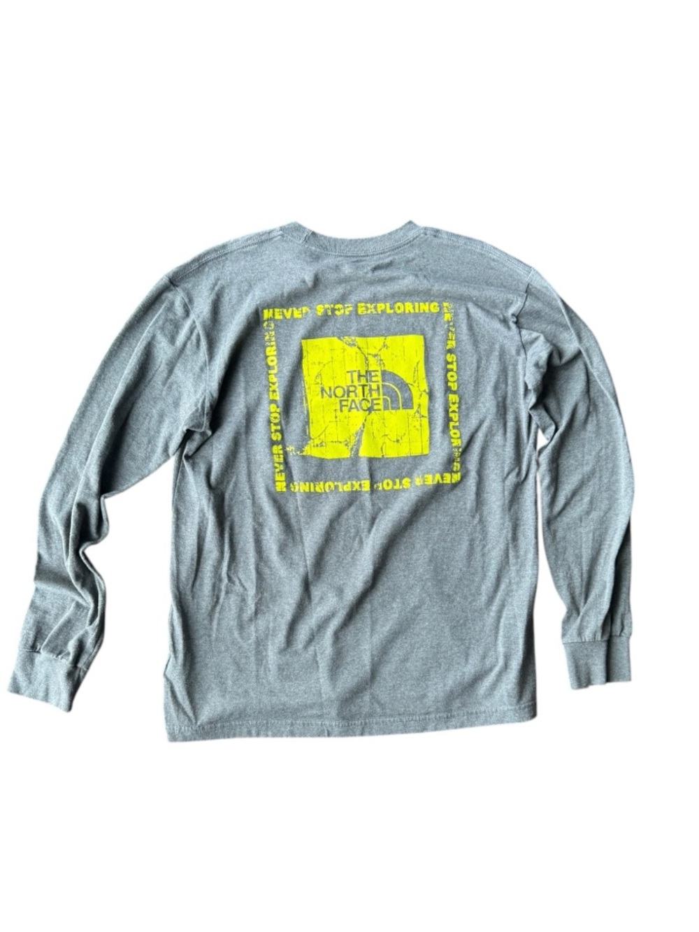 North Face Men's Long Sleeve Crew Tee Heather Gray with Yellow Logo Size Medium
